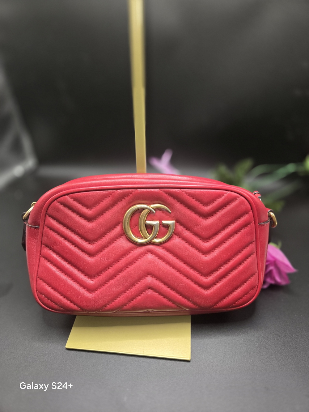 Authentic Gucci GG Marmont Small Matelassé Camera Bag  Red Leather Crossbody